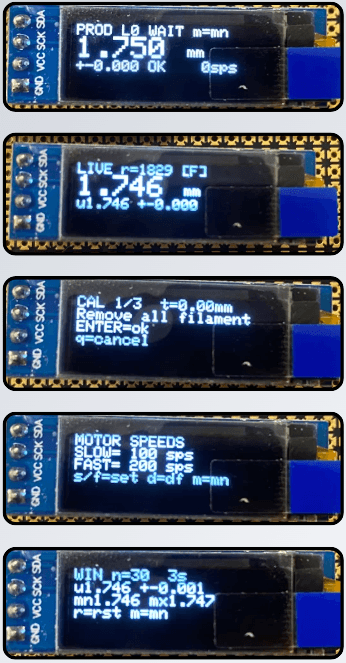 Five OLED screens showing the firmware menu modes: production, live diameter, calibration, motor speed configuration and session statistics