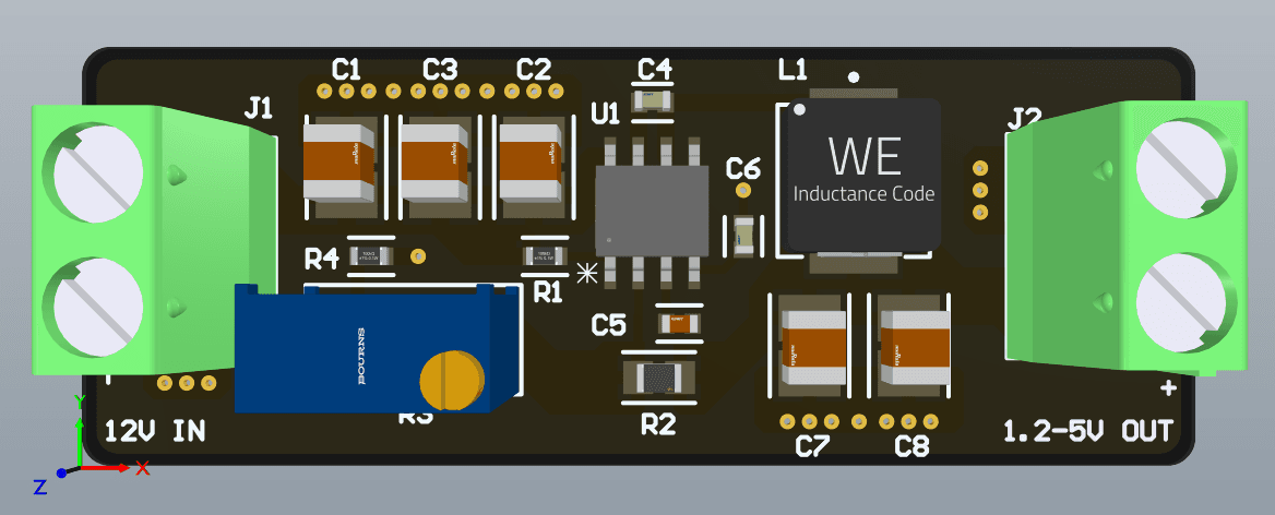 Altium 3D render of the adjustable buck converter: input terminal block, bulk capacitors, trim pot, control IC, shielded inductor and output terminal block on a black PCB