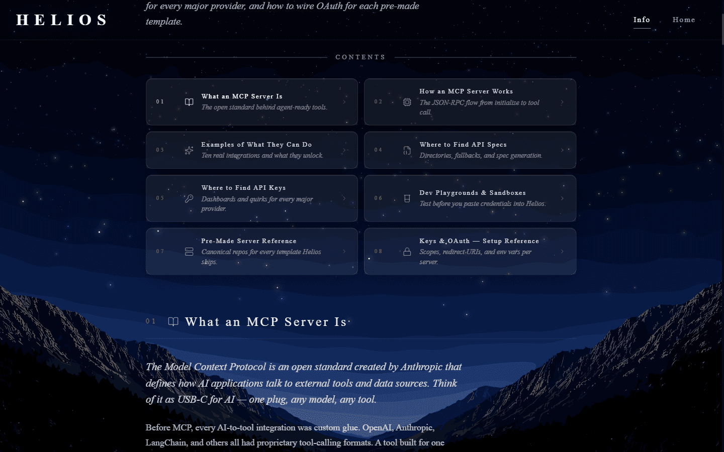 Helios info page — eight-section reference covering MCP servers, API specs, keys and OAuth setup