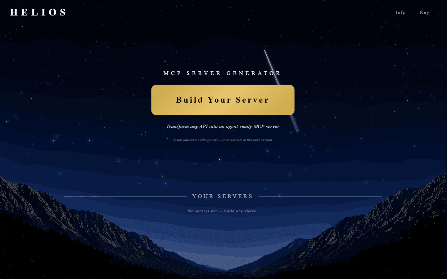 Helios landing page — MCP Server Generator with the Build Your Server call to action