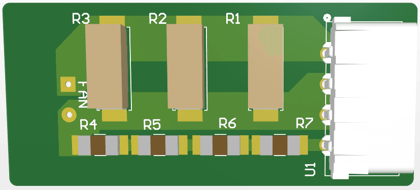 Altium 3D render of the load board: three large power resistors, four chip resistors, fan pads and a four-pin connector on a green single-layer PCB