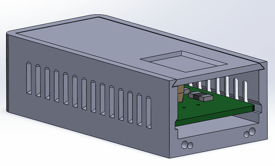 SolidWorks render of the vented enclosure with the green load board visible inside