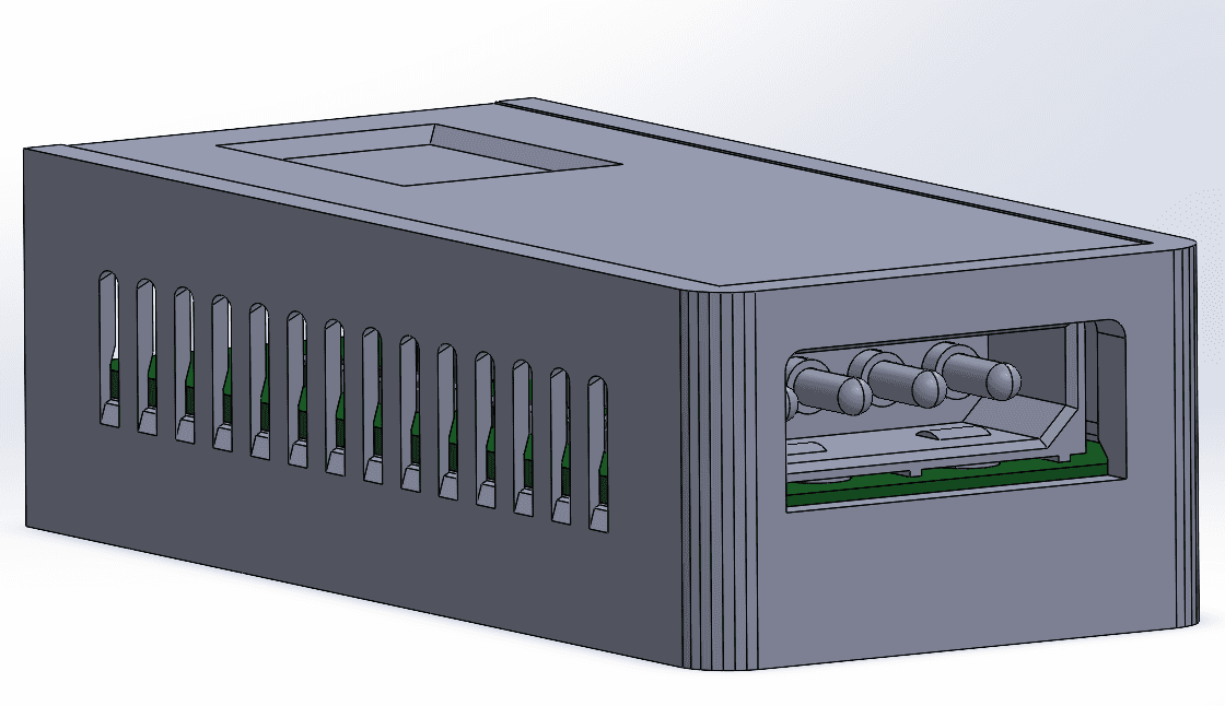 Second SolidWorks view of the enclosure showing the wirewound resistors through the open connector end
