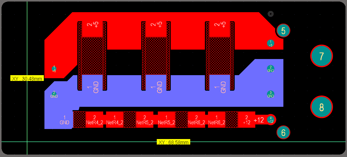 Copper layout at 30.48 by 68.58 mm showing wide 5 V and ground pours on a single layer