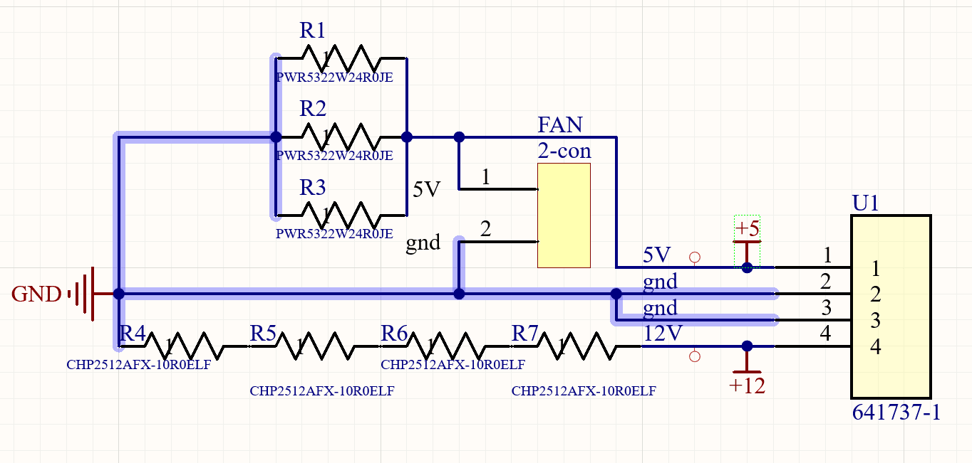 Load board schematic: R1 to R3 in parallel across the 5 V rail, R4 to R7 in series across 12 V, a two-pin fan header, and the four-pin 641737-1 connector