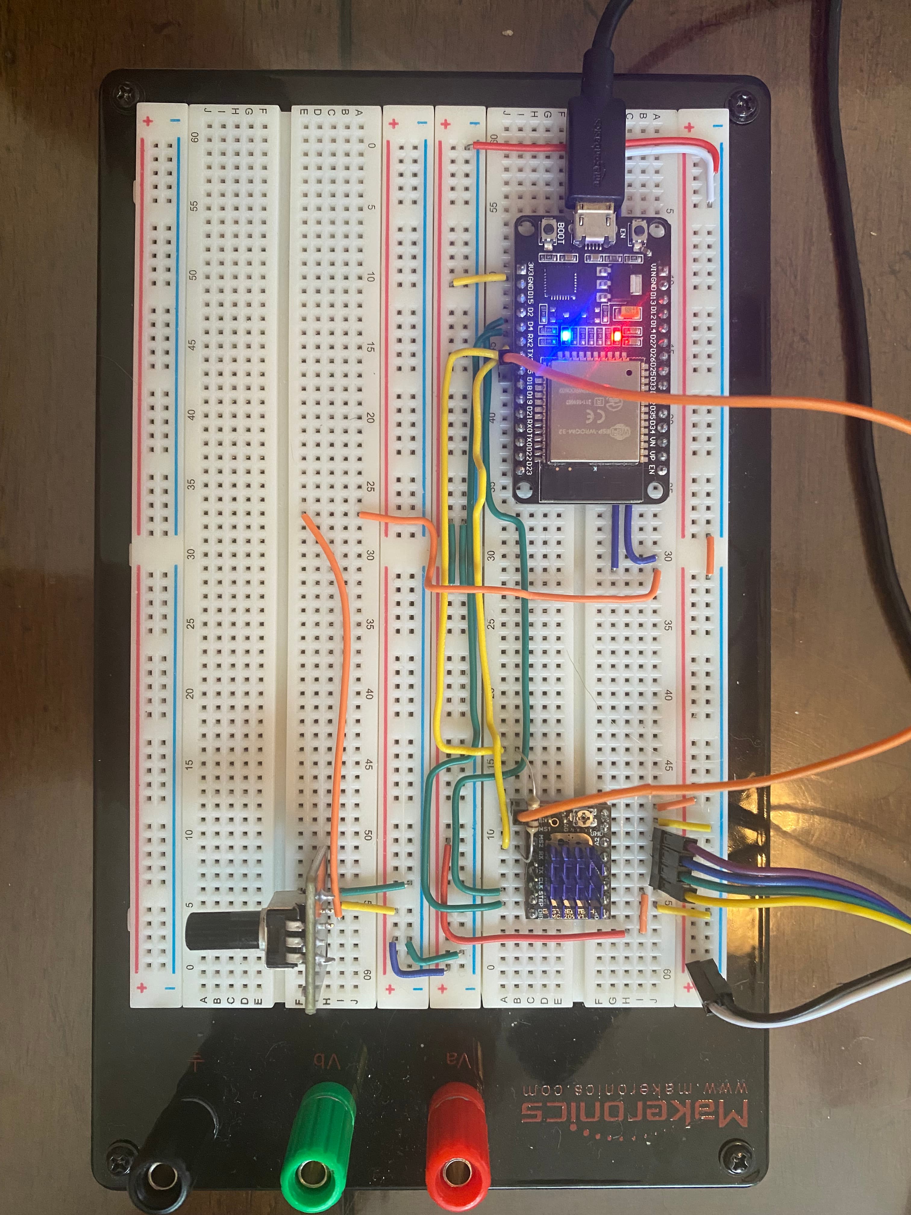 TMC2209 and ESP32 wired on protoboard during early bring-up