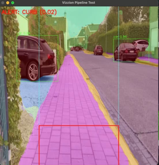 Live pipeline output: SegFormer segmentation over a street scene with MoveNet bounding boxes and a CURB alert
